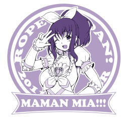 Rule 34 | 1girl, ;d, cosplay, cure rhythm, cure rhythm (cosplay), long hair, minamino misora, monochrome, one eye closed, open mouth, ponytail, precure, purple hair, smile, solo, suite precure, wink