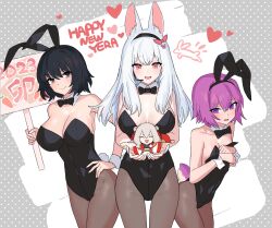 Rule 34 | 3girls, animal ears, bad link, black bow, black bowtie, black hair, black hairband, black leotard, bow, bowtie, breasts, chorefuji, cleavage, closed mouth, commentary request, detached collar, hair between eyes, hairband, hand on own hip, happy new year, heart, highres, holding, holding sign, large breasts, leotard, long hair, microphone, multiple girls, new year, open mouth, original, pantyhose, playboy bunny, purple hair, rabbit ears, rabbit tail, short hair, sign, small breasts, smile, tail, wrist cuffs