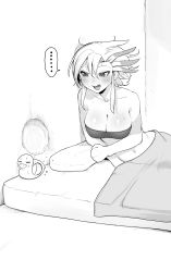 Rule 34 | ..., 1girl, absurdres, bandeau, breasts, cleavage, clenched hand, clenched hands, greyscale, highres, large breasts, monochrome, niwarhythm, original, punched, short hair, smile, solo, speech bubble, spoken ellipsis, toeless legwear, touka the undefeated (niwarhythm), under covers