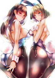 10s 2girls amane_ruri animal_ears blue_eyes breasts brown_eyes brown_hair fake_animal_ears idolmaster idolmaster_cinderella_girls large_breasts leotard long_hair mole mole_under_eye multiple_girls nitta_minami pantyhose playboy_bunny rabbit_ears rabbit_tail short_hair simple_background tail takagaki_kaede