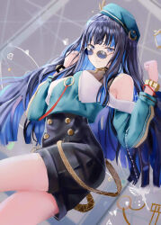 Rule 34 | 1girl, absurdres, age fx, bare shoulders, beret, black hair, black shorts, blue hair, bracelet, breasts, buttons, colored inner hair, double-breasted, fate/grand order, fate (series), green hat, green jacket, grey eyes, hat, highres, jacket, jewelry, key, long hair, long sleeves, looking at viewer, medium breasts, multicolored hair, neck ring, o-ring, off shoulder, round eyewear, shorts, sidelocks, smile, solo, sunglasses, tenochtitlan (fate), tenochtitlan (second ascension) (fate), thighs, wavy hair, zipper