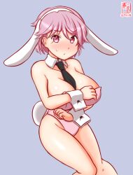 Rule 34 | 1girl, animal ears, bare legs, between breasts, blush, breasts, collarbone, covered navel, cowboy shot, detached collar, embarrassed, fake tail, giuseppe garibaldi (kancolle), gradient background, grey background, kanon (kurogane knights), kantai collection, large breasts, leotard, one-hour drawing challenge, pink eyes, pink hair, pink leotard, playboy bunny, rabbit ears, rabbit tail, short hair, solo, strapless, strapless leotard, sweatdrop, tail, wrist cuffs