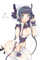 Rule 34 | 1girl, :3, absurdres, animal ears, azur lane, black dress, black hair, black ribbon, blue eyes, blunt bangs, breasts, cat ears, cheshire (azur lane), cleavage, detached sleeves, dress, earrings, fake animal ears, fang, frilled dress, frills, garter belt, garter straps, gouka, green hair, highres, jewelry, large breasts, maid, maid headdress, multicolored hair, open mouth, ribbon, seiza, short hair, sitting, streaked hair, thighhighs, wing collar, wrist cuffs