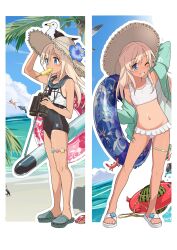 Rule 34 | 1boy, 1girl, absurdres, arm up, beach, bikini, binoculars, bird, black one-piece swimsuit, blonde hair, blue eyes, blue flower, blue sailor collar, cloud, crab, day, dolphin, fish, flower, food, fruit, grin, hat, hibiscus, highres, holding, holding swim ring, innertube, jacket, jinkai yamizawa, kantai collection, long hair, mouth hold, multiple views, one-piece swimsuit, open clothes, open jacket, outdoors, popsicle, ro-500 (kancolle), sailor collar, sandals, seagull, sky, smile, swim ring, swimsuit, tan, thigh strap, water, watermelon, white bikini