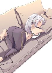 Rule 34 | 1girl, ass, backboob, blush, bottom-down top up, breast press, breasts, couch, fuurin kingyou, grey hair, large breasts, legs, looking at viewer, looking back, lying, midriff, on stomach, original, pants, pillow, ponytail, smile, sports bra, sportswear, thighs, top-down bottom-up, yellow eyes, yoga pants