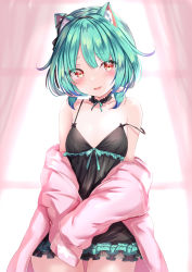 Rule 34 | 1girl, animal ears, bare shoulders, black choker, breasts, cat ears, chemise, choker, colored tips, cowboy shot, frilled choker, frills, green hair, highres, hololive, jacket, long sleeves, multicolored hair, off shoulder, open clothes, open jacket, open mouth, pink jacket, red eyes, short hair, small breasts, smile, solo, spaghetti strap, strap slip, uruha rushia, virtual youtuber, yuano