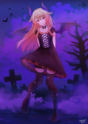 Rule 34 | ankle boots, arms behind back, bare tree, bat (animal), black bloomers, black bow, black dress, black footwear, black thighhighs, bloomers, blush, boots, bow, bowtie, bright pupils, closed mouth, cross, cross-laced footwear, dated, demon horns, demon wings, detached collar, dress, fang, ghost print, gradient hair, graveyard, hair flaps, head tilt, highres, horns, indie virtual youtuber, kaheru (vtuber), latin cross, long hair, looking at viewer, multicolored hair, night, orange hair, outdoors, purple background, red eyes, short sleeves, signature, skin fang, smile, solo, spider web print, standing, temachii, thighhighs, tombstone, tree, virtual youtuber, wings