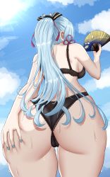 Rule 34 | 1girl, absurdres, ass, ass focus, ass grab, ayaka (genshin impact), bare shoulders, bikini, bra, breasts, cameltoe, deep skin, folding fan, from behind, from below, genshin impact, hair ornament, hair ribbon, hand fan, highres, huge ass, large breasts, long hair, looking away, ponytail, ribbon, shiny skin, sideboob, silver hair, solo, superbanango, swimsuit, thick thighs, thighs, underwear, very long hair, water, wet, wet hair