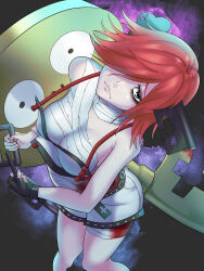 Rule 34 | 1girl, a.b.a, absurdres, bandages, black gloves, breasts, chain, fingerless gloves, gloves, green eyes, guilty gear, guilty gear xx, hair over one eye, highres, homunculus, key in head, large breasts, looking at viewer, medium hair, object through head, red hair, sato one1