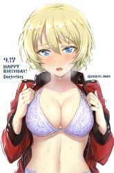 Rule 34 | 10s, 1girl, bad id, bad pixiv id, blonde hair, blue eyes, blush, bra, braid, breasts, character name, cleavage, darjeeling (girls und panzer), girls und panzer, hair between eyes, happy birthday, heavy breathing, jacket, large breasts, long hair, looking at viewer, midriff, navel, onsen man, open clothes, open jacket, open mouth, open shirt, panties, red jacket, shirt, short hair, simple background, solo, stomach, sweat, tongue, twin braids, twitter username, underwear, white background, white bra, white panties