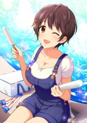 Rule 34 | 1girl, artist request, blush, breasts, brown eyes, brown hair, cleavage, collarbone, food, idolmaster, idolmaster cinderella girls, large breasts, oikawa shizuku, one eye closed, open mouth, overall shorts, overalls, popsicle, shirt, short hair, sitting, smile, solo, sparkle, thighs, water, white shirt
