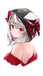 Rule 34 | 1girl, back, blush, bow, closed mouth, commentary request, cropped torso, from behind, hair between eyes, hair ornament, highres, hololive, holox, hood, hood up, long hair, looking at viewer, looking back, off shoulder, plaid, plaid bow, portrait, red bow, red eyes, sakamata chloe, sakamata chloe (1st costume), silver hair, simple background, smile, solo, virtual youtuber, white background, x hair ornament, yuyaiyaui