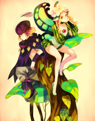 Rule 34 | 1boy, 1girl, bad id, bad pixiv id, blonde hair, braid, butterfly wings, cape, fairy, flower, hair flower, hair ornament, harem pants, hat, hat feather, head wreath, ingway (odin sphere), insect wings, kawwa, mercedes (odin sphere), odin sphere, pants, plant, pointy ears, puff and slash sleeves, puffy shorts, puffy sleeves, shorts, topless, tree, twin braids, vines, wings