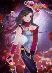 Rule 34 | 1girl, alternate costume, alternate hair color, bad id, bad pixiv id, black hair, blush, breasts, chinese clothes, cleavage, cleavage cutout, clothing cutout, dagger, dual wielding, fireworks, green eyes, hair ornament, hanato (seonoaiko), holding, katarina (league of legends), knife, lantern, league of legends, lips, lipstick, long hair, looking at viewer, makeup, multicolored hair, pants, red hair, scar, scar across eye, scar on face, smile, solo, sword, thighs, twitter username, two-tone hair, warring kingdoms katarina, weapon