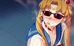 Rule 34 | 1girl, bad id, bad pixiv id, bishoujo senshi sailor moon, blonde hair, blue sailor collar, breasts, choker, cigarette, circlet, cleavage, collarbone, commentary request, crescent, crescent earrings, derivative work, earrings, hair ornament, hair over shoulder, heart, heart choker, highres, jewelry, long hair, meme, parted bangs, red choker, sailor collar, sailor moon redraw challenge (meme), smoking, solo, sunglasses, twintails, upper body, what, zen33n