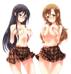 Rule 34 | &gt;:&lt;, 2girls, :&lt;, amakusa shino, angry, black hair, blush, breasts squeezed together, breasts, brown eyes, brown hair, brown skirt, closed mouth, collarbone, covering privates, covering breasts, covering nipples, cowboy shot, fuyube rion, hair between eyes, covering breasts, highres, large breasts, long hair, looking at viewer, midriff, multiple girls, navel, nose blush, plaid, plaid skirt, revision, seitokai yakuindomo, shichijou aria, simple background, skirt, smile, standing, stomach, tareme, thigh gap, topless, tsurime, v-shaped eyebrows, very long hair, white background