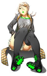 Rule 34 | 1girl, ankle boots, arizuka (catacombe), ass, black footwear, black thighhighs, boots, borrowed character, brown hair, candy, cross-laced footwear, food, food in mouth, full body, green eyes, hair between eyes, hair ornament, hairclip, hands in pockets, highres, hood, hood down, hooded jacket, jacket, lace-up boots, light brown hair, lollipop, long hair, long sleeves, looking away, looking to the side, miniskirt, mouth hold, open clothes, open jacket, original, plaid, plaid skirt, print shirt, rabbit, shadow, shirt, simple background, sitting, skirt, solo, thighhighs, unzipped, upskirt, white background