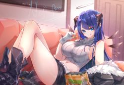Rule 34 | 1girl, :q, alternate breast size, alternate costume, arknights, artist name, bare shoulders, belt, black shorts, blue eyes, blue hair, blush, boots, breasts, chips (food), couch, crop top, crossed legs, door, eating, food, fur collar, fur trim, gloves, halo, jacket, large breasts, licking lips, long hair, looking at viewer, micro shorts, midriff, mostima (arknights), nejikyuu, off shoulder, potato chips, reclining, ribbed shirt, shirt, shorts, sideboob, sleeveless, sleeveless shirt, sleeveless turtleneck, solo, thighs, tongue, tongue out, turtleneck, white gloves, wings