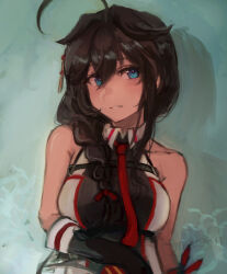 Rule 34 | 1girl, ahoge, alternate costume, bare shoulders, belt, belt buckle, black dress, black gloves, black hair, blue eyes, blush, braid, breasts, buckle, chest belt, chest harness, collar, dress, elbow gloves, gloves, hair between eyes, hair ornament, hair over shoulder, harness, jacket, kantai collection, large breasts, leaning, leaning back, long hair, looking at viewer, moor, multiple belts, necktie, official alternate costume, red necktie, red scarf, scarf, shigure (kancolle), shigure kai san (kancolle), shirt, sidelocks, sitting, sleeveless, sleeveless dress, sleeveless jacket, sleeveless shirt, solo, solo focus, teeth, two-tone dress