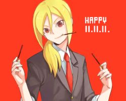 Rule 34 | 1boy, afuro terumi, bad drawr id, bad id, blonde hair, food, hair over shoulder, haru susaku, inazuma eleven, inazuma eleven (series), inazuma eleven go, long hair, low ponytail, male focus, mouth hold, necktie, pocky, pocky day, red eyes, solo