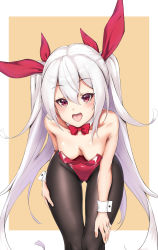 Rule 34 | 1girl, animal ears, azur lane, bad id, bad pixiv id, bare shoulders, bent over, black pantyhose, blush, bow, bowtie, breasts, cameltoe, cleavage, collarbone, detached collar, fake animal ears, fang, gluteal fold, hair between eyes, hair ribbon, hands on own thighs, hanging breasts, highres, hong jo, leotard, long hair, looking at viewer, no bra, open mouth, orange background, pantyhose, playboy bunny, rabbit ears, rabbit girl, red bow, red bowtie, red eyes, red leotard, red ribbon, ribbon, sidelocks, slit pupils, small breasts, smile, solo, tareme, thigh gap, tongue, twintails, two-tone background, vampire (azur lane), very long hair, white background, white hair, wrist cuffs