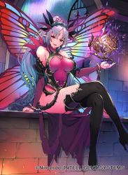 Rule 34 | 1girl, bare shoulders, boots, breasts, commentary request, company name, copyright name, dress, fairy, fairy wings, fire emblem, fire emblem cipher, fire emblem heroes, hair ornament, high heel boots, high heels, kurosawa tetsu, large breasts, long hair, nintendo, official art, plumeria (fire emblem), pointy ears, short dress, sitting, solo, thigh boots, thighhighs, thighs, wings