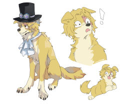 Rule 34 | !, absurdres, animal focus, animalization, ascot, commentary, dog, floppy ears, goggles, goggles on headwear, hat, highres, ks lobos, looking to the side, multiple views, one piece, sabo (one piece), scar, scar across eye, scar on face, simple background, sitting, smile, surprised, tongue, tongue out, top hat, two-tone fur, white background, yellow fur