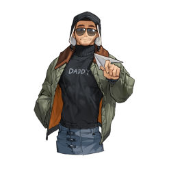 Rule 34 | 1boy, beard, black hat, black shirt, cropped legs, facial hair, grey jacket, hat, highres, holding paper airplane, jacket, long sleeves, male focus, original, paper airplane, print shirt, rinotuna, shirt, simple background, smile, solo, sunglasses, white background