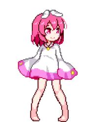 Rule 34 | 1girl, animated, animated gif, barefoot, blinking, blush, child, dress, female focus, hinainf, jewelry, lowres, necklace, pink eyes, pink hair, pixel art, running, short hair, smile, solo, standing, usagi and the dream island, white background