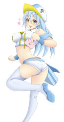Rule 34 | 1girl, ass, blue hair, blush, boots, breasts, covered erect nipples, creatures (company), emukon, game freak, gen 3 pokemon, hat, large breasts, leg up, legs, letter, looking back, mail, midriff, nintendo, pelipper, personification, pokemon, short shorts, shorts, solo, thigh boots, thighhighs, thighs, white thighhighs, zipper