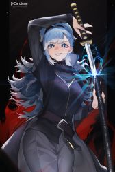 Rule 34 | 1girl, absurdres, arm up, belt, blouse, blue eyes, blue hair, blue shirt, brown belt, cowboy shot, fur collar, glint, grey pants, grin, highres, holding, holding sheath, holding sword, holding weapon, hololive, hololive indonesia, jacket, kobo kanaeru, layered sleeves, long hair, long sleeves, looking at viewer, lufi ays, multicolored hair, open clothes, open jacket, pants, sheath, shirt, short over long sleeves, short sleeves, smile, solo, standing, streaked hair, sword, unsheathing, virtual youtuber, weapon, white hair