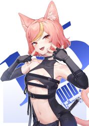 Rule 34 | 1girl, absurdres, animal ear fluff, animal ears, bare shoulders, black gloves, blonde hair, blush, breasts, cat ears, cat girl, cat tail, commentary, elbow gloves, english commentary, fangs, fingerless gloves, gloves, highres, lingxia, looking at viewer, milestone celebration, multicolored hair, open mouth, orange hair, original, pink hair, short hair, simple background, small breasts, solo, streaked hair, tail