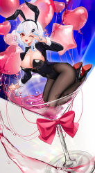 Rule 34 | 1girl, ahoge, animal ears, black bow, black bowtie, black footwear, black hairband, black leotard, blue hair, blue nails, bow, bowtie, breasts, brown pantyhose, cleavage, cocktail glass, collar, covered navel, cup, drinking glass, fake animal ears, full body, hairband, high heels, highres, in container, in cup, large breasts, leotard, light blue hair, liu liaoliao, long sleeves, one eye closed, open mouth, original, pantyhose, playboy bunny, rabbit ears, red eyes, short hair with long locks, sidelocks, smile, v, white collar, white hair, yile (liu liaoliao)