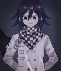 Rule 34 | !, !!, 1boy, arms behind back, black hair, buttons, checkered clothes, checkered scarf, closed mouth, danganronpa (series), danganronpa v3: killing harmony, double-breasted, grey jacket, ha kuishibare, hair between eyes, highres, jacket, male focus, multicolored hair, oma kokichi, purple hair, scarf, sideways glance, solo, sweatdrop, two-tone hair