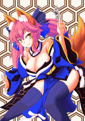 Rule 34 | 10s, 1girl, animal ears, blue thighhighs, bow, breasts, cleavage, collarbone, detached sleeves, fate/extella, fate/extra, fate/grand order, fate (series), fox ears, fox tail, hair bow, hair ribbon, japanese clothes, large breasts, looking at viewer, pink hair, ribbon, solo, tail, tamamo no mae (fate/extra), tetsuhige, thighhighs, yellow eyes