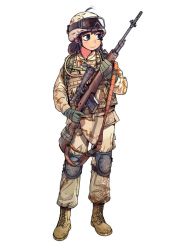 Rule 34 | 1girl, battle rifle, black eyes, black hair, boots, brown footwear, brown hat, brown jacket, brown pants, camouflage, camouflage headwear, camouflage jacket, camouflage pants, combat boots, commentary, cross-laced footwear, desert camouflage, english commentary, full body, gloves, goggles, goggles on headwear, green gloves, gun, hat, helmet, jacket, knee pads, lace-up boots, long hair, looking to the side, m14, m21, match grade firearm, match grade rifle, medium hair, military, military uniform, monamin, name tag, open mouth, original, pants, rifle, scope, simple background, sniper rifle, solo, standing, tactical clothes, tan, uniform, united states army, weapon, white background