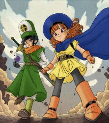 Rule 34 | 1boy, 1girl, absurdres, alena (dq4), blue hair, boots, brown hair, cape, clift, cloud, coat, dragon quest, dragon quest iv, dress, from below, gloves, hat, highres, long hair, looking at viewer, okita (sukult 4), outdoors, pantyhose, sky, smile, sword, weapon, weapon on back