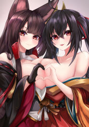 Rule 34 | 2girls, absurdres, ahoge, akagi (azur lane), animal ears, azur lane, bare shoulders, black hair, breast press, breasts, brown hair, collarbone, commentary request, fingerless gloves, fox ears, gloves, hair between eyes, hair ornament, hair ribbon, heart, heart hands, highres, huge filesize, japanese clothes, kimono, large breasts, long hair, long sleeves, looking at viewer, multiple girls, open clothes, open kimono, red eyes, red ribbon, ribbon, ryara, sidelocks, smile, symmetrical docking, taihou (azur lane), wide sleeves