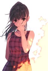 Rule 34 | 1girl, bad id, bad pixiv id, bare arms, black hair, brown eyes, checkered clothes, checkered dress, choker, covered mouth, dress, hand on another&#039;s face, hand to own mouth, hime kyun fruit can, long hair, looking at viewer, natsu natsuna, okumura mayuri, real life, simple background, sleeveless, sleeveless dress, solo, upper body, white background