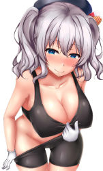 Rule 34 | 1girl, absurdres, bad id, bad pixiv id, beret, bike shorts, black bra, black shorts, blue eyes, blush, bra, bra tug, breasts, cleavage, closed mouth, collarbone, cowboy shot, gloves, groin, hair between eyes, hat, heart, heart-shaped pupils, highres, kantai collection, kashima (kancolle), large breasts, leaning forward, long hair, looking at viewer, shorts, shorts tug, sidelocks, silver hair, simple background, smile, solo, sports bra, symbol-shaped pupils, terakoya, tsurime, twintails, underwear, wavy hair, white background, white gloves