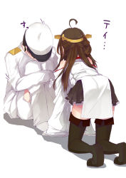 Rule 34 | 10s, 1boy, 1girl, admiral (kancolle), ahoge, all fours, bad id, bad pixiv id, blush, boots, brown hair, detached sleeves, highres, japanese clothes, kantai collection, kongou (kancolle), long hair, military, military uniform, ribbon-trimmed sleeves, ribbon trim, simple background, sitting, skirt, thigh boots, thighhighs, translation request, uniform, white background, yuui hutabakirage