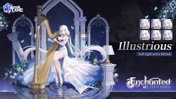 Rule 34 | 1girl, architecture, azur lane, bare shoulders, blue butterfly, blue dress, blue eyes, breasts, bug, butterfly, character name, cleavage, column, commentary, copyright name, desk lamp, dress, english commentary, english text, evening gown, expressions, flower, full body, gloves, greco-roman architecture, grey footwear, hair ornament, halterneck, harp, high heels, highres, holding, illustrious (azur lane), illustrious (soft light and a melody) (azur lane), insect, instrument, lamp, large breasts, logo, long dress, long hair, looking at viewer, low twintails, music, night, official alternate costume, official art, pillar, playing instrument, promotional art, reflection, reflective water, see-through, see-through dress, shoes, side slit, single bare leg, sitting, sleeveless, sleeveless dress, smile, solo, thighlet, thighs, twintails, two-tone dress, very long hair, water, white dress, white flower, white gloves, white hair