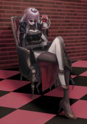 Rule 34 | 1girl, absurdres, breasts, chair, crossed legs, cup, drinking glass, high heels, highres, holding, holding cup, hololive, hololive english, huge filesize, large breasts, looking at viewer, mori calliope, pelvic curtain, pink eyes, pink hair, red-tinted eyewear, shinigami, single thighhigh, skirt, sunglasses, suru (seiya), thighhighs, tinted eyewear, veil, virtual youtuber, wine glass