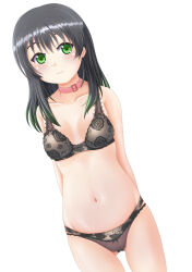 Rule 34 | 1girl, animal collar, arms behind back, black bra, black hair, black panties, bow, bow panties, bra, breasts, closed mouth, collar, commentary request, green eyes, highres, jou (circlemay), lace, lace-trimmed bra, lace-trimmed panties, lace bra, lace panties, lace trim, lingerie, looking at viewer, love live!, love live! nijigasaki high school idol club, medium breasts, medium hair, navel, panties, partial commentary, pink collar, simple background, smile, solo, standing, takasaki yu, underwear, underwear only, white background