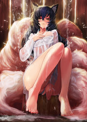 Rule 34 | 1girl, ahri (league of legends), animal ears, barefoot, blue panties, bow, bra, cat ears, closed mouth, covering privates, covering crotch, dripping, embarrassed, eyebrows, eyelashes, facial mark, feet, fox ears, fox tail, goomrrat, hair between eyes, korean clothes, league of legends, long hair, looking at viewer, multiple tails, no pants, panties, partially visible vulva, see-through, sitting, soap bubbles, solo, suggestive fluid, tail, tree stump, underwear, uneven eyes, water, wet, wet clothes, whisker markings, white bow, white bra, wooden wall, yellow eyes