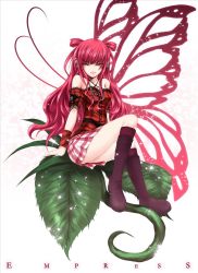 Rule 34 | 1girl, bare shoulders, beatmania, beatmania iidx, butterfly wings, fairy, female focus, futami kito, goth fashion, insect wings, long hair, pink eyes, red eyes, red hair, sitting, skirt, solo, sparkle, umegiri ameto, wings