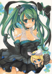 Rule 34 | 2girls, absurdres, arm support, bare shoulders, black dress, black gloves, blonde hair, blue eyes, bow, breasts, cleavage, collarbone, dress, elbow gloves, gloves, green eyes, green hair, hair bow, hair ornament, hair ribbon, hatsune miku, highres, kagamine rin, long hair, looking at viewer, marker (medium), multiple girls, panties, pantyshot, playing with own hair, ribbon, see-through, standing, traditional media, twintails, underwear, vocaloid, white panties, yurun