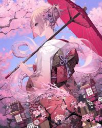 Rule 34 | 1girl, branch, brown hair, cherry blossoms, closed mouth, dragon, eyelashes, eyeshadow, fingernails, floral print, flower, gradient clothes, grey eyes, hair bun, hair flower, hair ornament, highres, holding, holding umbrella, japanese clothes, kimono, light brown hair, long eyelashes, long fingernails, long hair, looking at viewer, makeup, mandrill, multicolored hair, oil-paper umbrella, original, outdoors, over shoulder, patterned, patterned clothing, petals, pink hair, pink theme, purple eyeshadow, red umbrella, single hair bun, spirit, tree, umbrella, white kimono, wide sleeves, yellow eyes