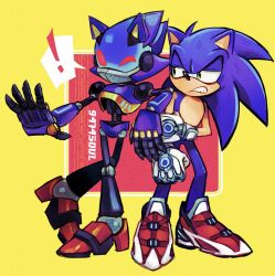 Rule 34 | !, 2boys, 9474s0ul, animal ears, annoyed, armor, blue armor, blue fur, blue light, chaos sonic, elbow on another&#039;s shoulder, fake animal ears, furry, furry male, gloves, glowing, green eyes, highres, joints, multiple boys, no mouth, one eye closed, red eyes, red footwear, robot, sonic (series), sonic prime, sonic the hedgehog