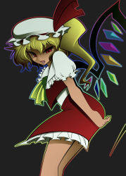Rule 34 | 1girl, blonde hair, blouse, collared shirt, embodiment of scarlet devil, fang, female focus, flandre scarlet, hair between eyes, hat, highres, mob cap, noise (lesion949), open mouth, red eyes, shirt, solo, touhou, white hat, white shirt, wings